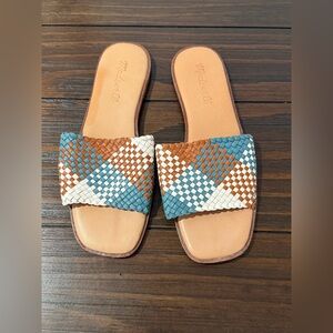 Madewell Woven Slide Sandals - Blue, White, Tan 6